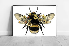 Load image into Gallery viewer, Illustrated Detailed Fluffy Bumble Bee And Yellow Flowers Wall Art Print on Paper Framed Picture print
