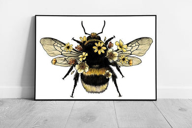 Illustrated Detailed Fluffy Bumble Bee And Yellow Flowers Wall Art Print on Paper Framed Picture print