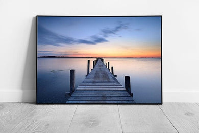 Blue skies over tranquil Jetty pier at sunset Landscape Art Ready to Hang Wall Art Print Framed Picture print