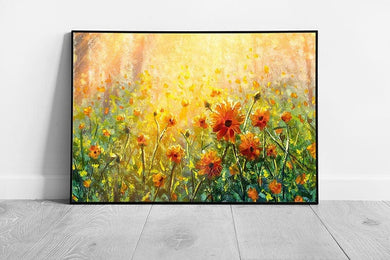 Beautiful Orange Flower Meadow With Warm Golden Sun Impressionism Painting Style Wall Art Print on Paper Framed Picture print