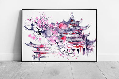 Japanese illustration art Cherry blossom pink JAPAN Ready to Hang Wall Art Print Framed Picture print