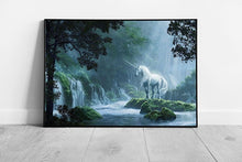 Load image into Gallery viewer, Majestic White Unicorn In Magical Waterfall Forest Woodland Digital Illustration Wall Art Print on Paper Framed Picture print
