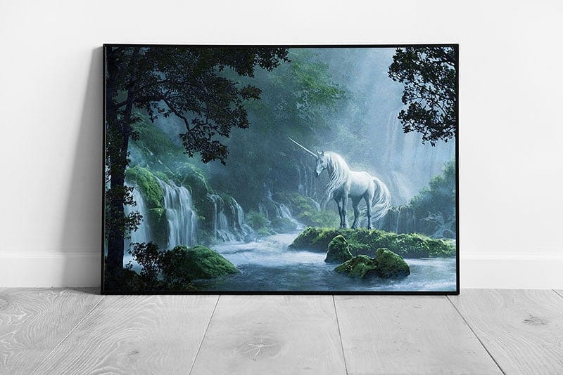 Majestic White Unicorn In Magical Waterfall Forest Woodland Digital Illustration Wall Art Print on Paper Framed Picture print