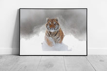 Laad de afbeelding in galerijviewer, Endangered Powerful Siberian Tiger Running In The Thick Snowy Terrain Big Cat Wall Art Print on Paper Framed Picture print
