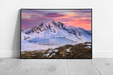 Calming Colourful Sunset Over Snowy Winter Mountains Beautiful Scenic Photography Wall Art Print on Paper Framed Picture print