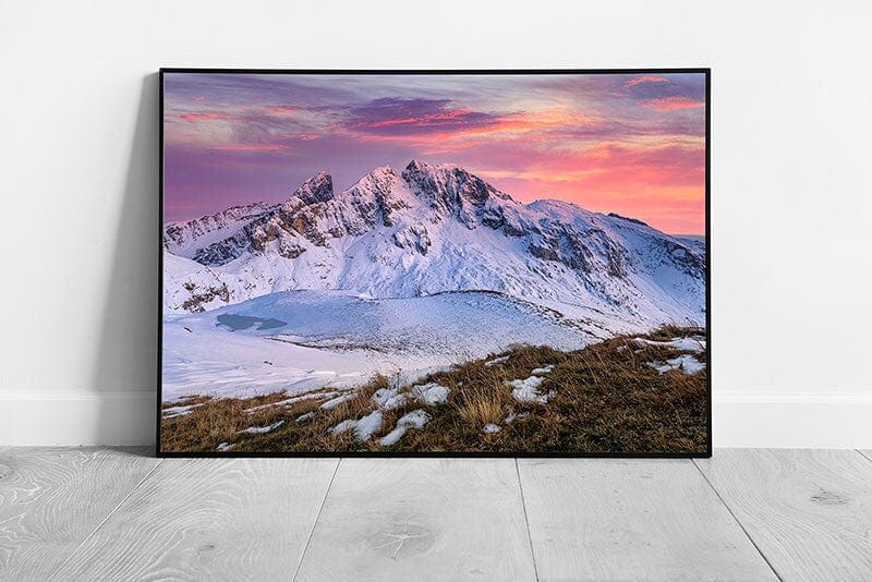 Calming Colourful Sunset Over Snowy Winter Mountains Beautiful Scenic Photography Wall Art Print on Paper Framed Picture print
