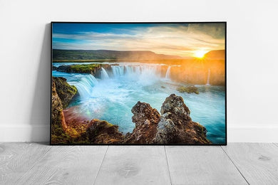 Beautiful Iceland waterfall Godafoss at sunset landscape Wall Art Print on Paper Framed Picture print