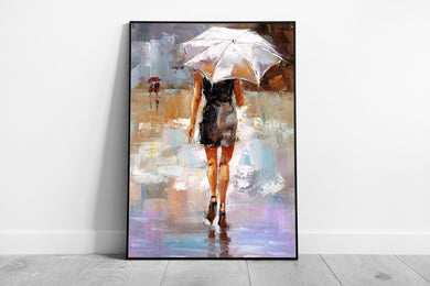 Chic Stylish Woman With White Umbrella Oil Painting Wall Art Print on Paper Framed Picture print