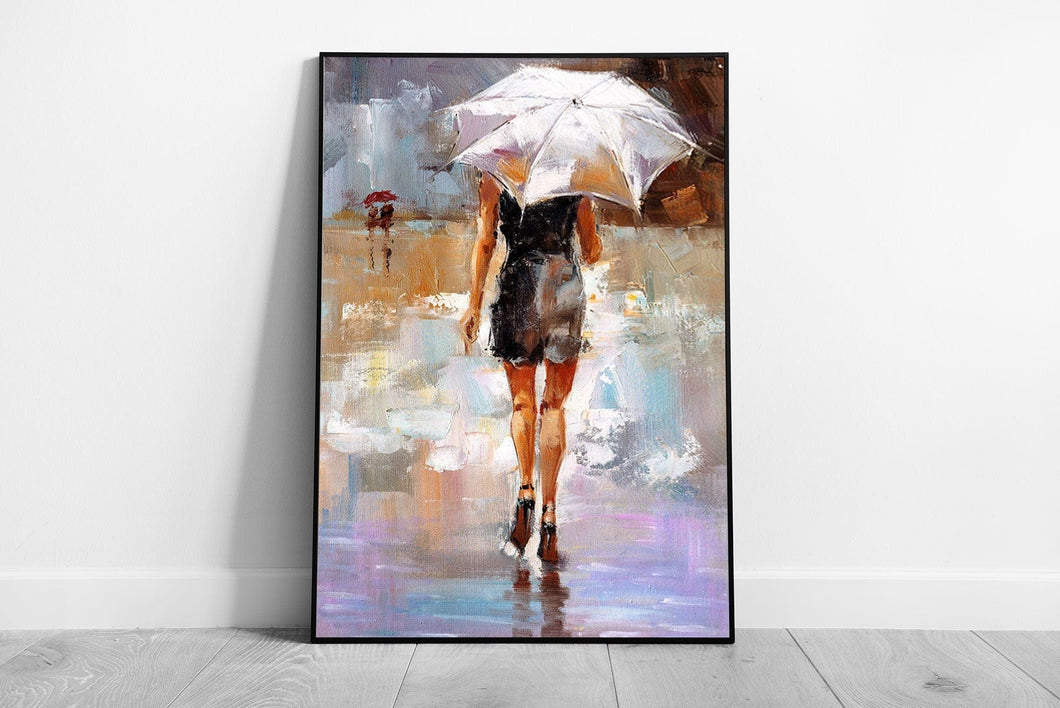 Chic Stylish Woman With White Umbrella Oil Painting Wall Art Print on Paper Framed Picture print