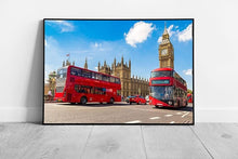 Load image into Gallery viewer, Big Ben Westminster Bridge Iconic Red Double Decker Buses London UK Landmarks Wall Art Print on Paper Framed Picture print
