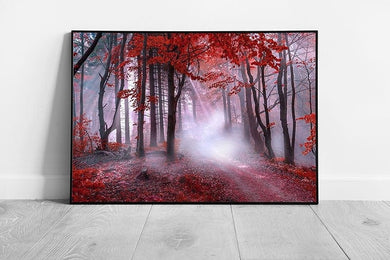 Magical Mystical Red Forest Woodland Sunbeams And Mist Vibrant Nature Outdoors Scene Wall Art Print on Paper Framed Picture print