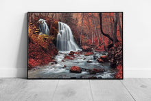 Load image into Gallery viewer, Beautiful waterfall and stream in a Red autumn leaf forest Ready to Hang Wall Art Print Framed Picture print
