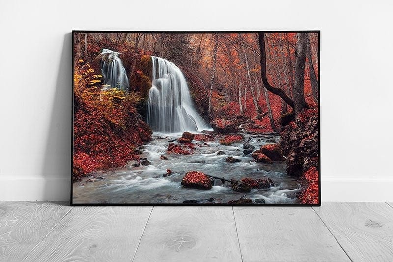 Beautiful waterfall and stream in a Red autumn leaf forest Ready to Hang Wall Art Print Framed Picture print