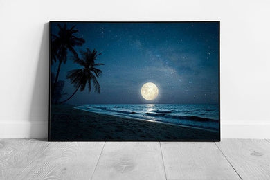 Beautiful Full Moon Illuminating An Empty Exotic Luxury Beach With Palm Trees Wall Art Print on Paper Framed Picture print