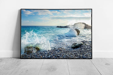 Fresh Sea Water Crashing Against The Dark Rocky Seashore Seascape Photography Wall Art Print on Paper Framed Picture print