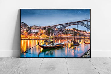 Night time River Boats on the Douro river city of Porto Ready to Hang Wall Art Print Framed Picture print