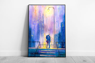 Couple Kissing Under The City Streetlight In The Rain Watercolour Painting Style Wall Art Print on Paper Framed Picture print