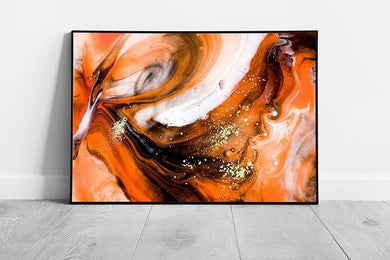 Amazing Fiery Natural Orange Swirling Marbling Technique Abstract Contemporary Wall Art Print on Paper Framed Picture print