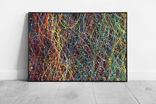 Load image into Gallery viewer, Multicolour Rainbow Abstract Paint Splatters And Drips Against Contrast Black Artwork Wall Art Print on Paper Framed Picture print
