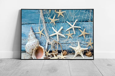 Maritime Souvenirs Seashells Dried Starfish Rustic Blue Wood Sea Life Aesthetic Wall Art Print on Paper Framed Picture print