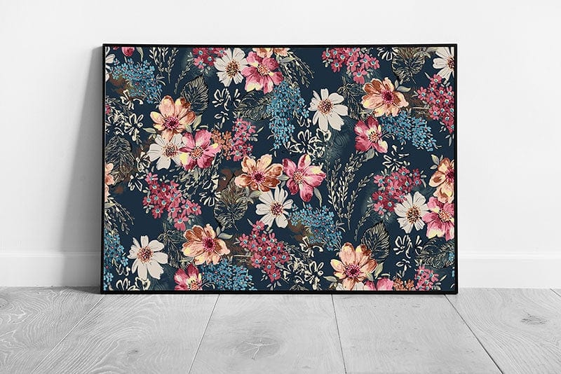 Detailed Abstract Watercolour Floral Flower Pattern Abstract Garden Blues Pinks Wall Art Print on Paper Framed Picture print