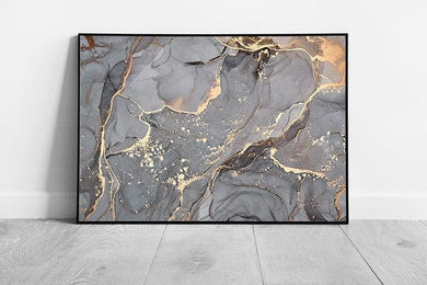 Minimalist Grey Gold Fluid Alcohol Ink Marbling Style Technique Modern Contemporary Wall Art Print on Paper Framed Picture print