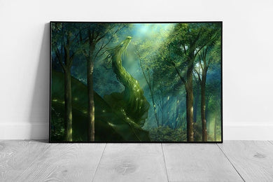 Majestic Rich Green Forest Woodland Dragon Magical Fantasy Creature Illustration Wall Art Print on Paper Framed Picture print