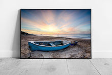 Laad de afbeelding in galerijviewer, Fishing Boat at Sunrise Bournemouth beach English coastline Ready to Hang Wall Art Print Framed Picture print
