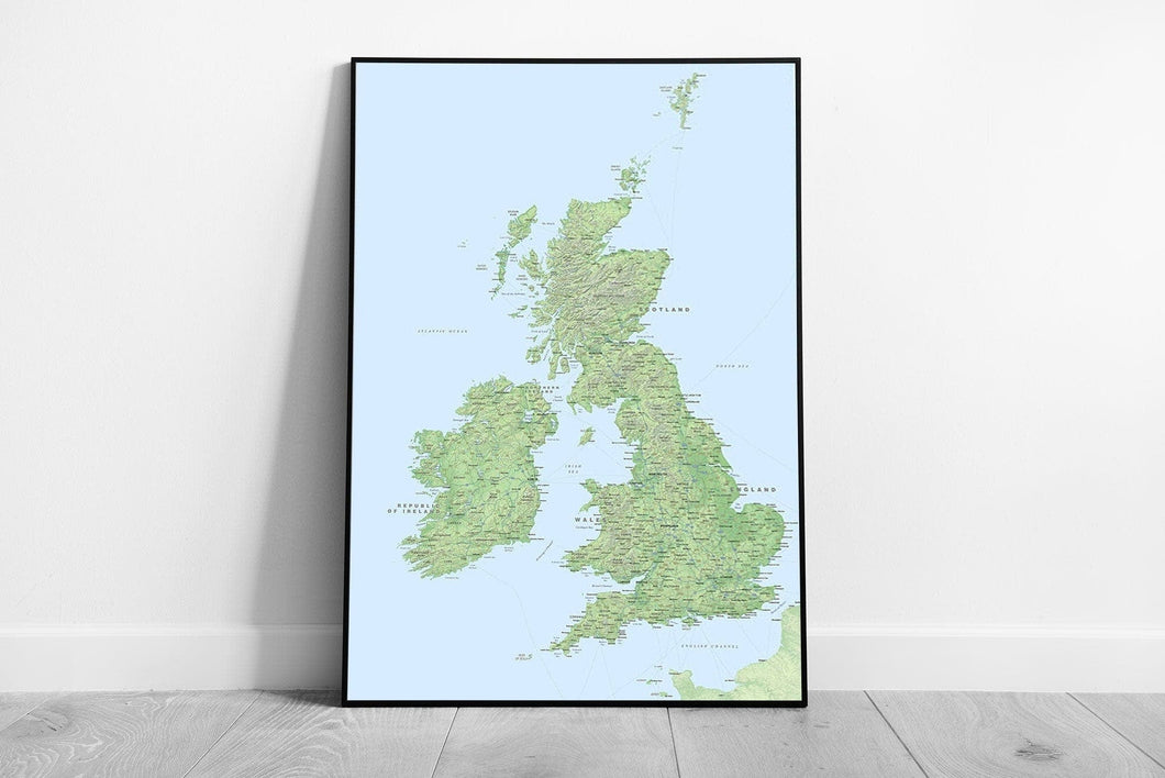 UK map Roads Rivers Hills Cities Towns Great Britain Ready to Hang Wall Art Print Framed Picture print