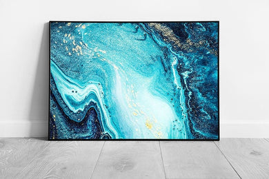 Beautiful Ocean Sea Inspired Abstract Marbling Painting Technique Blues With Gold Wall Art Print on Paper Framed Picture print