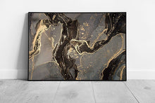 Load image into Gallery viewer, Minimalist Black Grey Gold Fluid Alcohol Ink Marbling Technique Modern Contemporary Wall Art Print on Paper Framed Picture print

