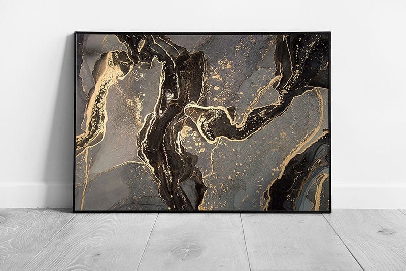 Minimalist Black Grey Gold Fluid Alcohol Ink Marbling Technique Modern Contemporary Wall Art Print on Paper Framed Picture print