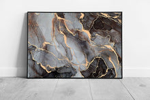Laad de afbeelding in galerijviewer, Black With Golden Highlights Free Flowing Alcohol Ink Marbling Technique Abstract Wall Art Print on Paper Framed Picture print
