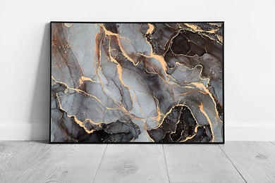 Black With Golden Highlights Free Flowing Alcohol Ink Marbling Technique Abstract Wall Art Print on Paper Framed Picture print