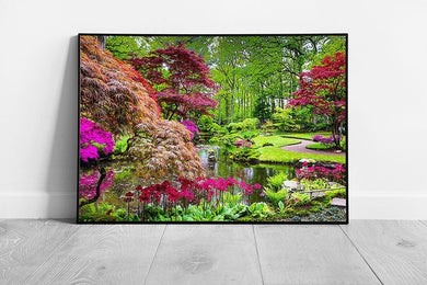 Beautiful Magenta And Green Traditional Japanese Garden Located In The Hague Wall Art Print on Paper Framed Picture print