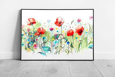 Illustration Art watercolour Red wildflowers Poppies Poppy Ready to Hang Wall Art Print Framed Picture print