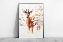 Load image into Gallery viewer, Deer Stag In A Winter Woodland Watercolour Illustration Wall Art Print on Paper Framed Picture print
