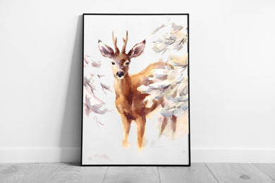 Deer Stag In A Winter Woodland Watercolour Illustration Wall Art Print on Paper Framed Picture print