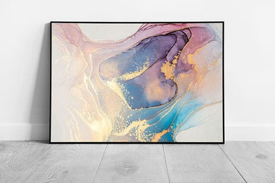 Abstract Free Flowing Style Fluid Alcohol Ink Pastel Shade Marbling Blue Purple Gold Wall Art Print on Paper Framed Picture print