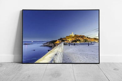 Blue evening skies over old town Ibiza island Sun Sea Ready to Hang Wall Art Print Framed Picture print