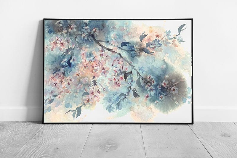 Beautiful Soft White Pink Sakura Flower Tree Abstract Watercolour Painting Style Wall Art Print on Paper Framed Picture print