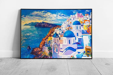Beautiful Painted Style View Of Santorini Greece On A Summers Day Contemporary Wall Art Print on Paper Framed Picture print