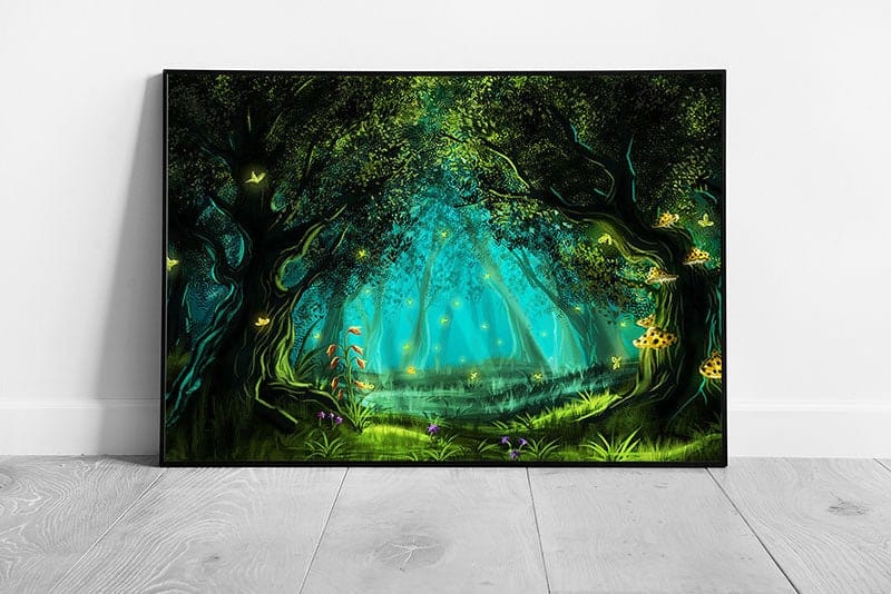 Mystical Enchanting Magical Fantasy Fairy Forest Woodland Vast Trees Glowing Mushroom Wall Art Print on Paper Framed Picture print