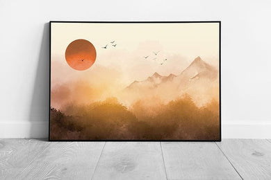 Misty Sunrise Over Dense Forest And Mountains Traditional Oriental Ink Painting Style Wall Art Print on Paper Framed Picture print