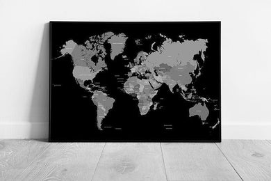 Black & White Map of the world countries Map Art Ready to Hang Wall Art Print Framed Picture print