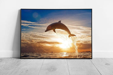 Energetic Dolphin Jumping Through The Air Under A Warm Ocean Sunset Sea Life Wall Art Print on Paper Framed Picture print