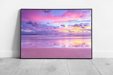 Beautiful Beach Sunrise Cotton Candy Pink Purple Clouds Paradise Seascape Skyline Wall Art Print on Paper Framed Picture print