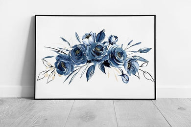 Navy Blue Floral Rose Bouquet Wreath Display Arrangement Watercolour Painting Wall Art Print on Paper Framed Picture print
