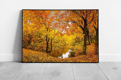 Calm Orange Yellow Autumnal Woodland With Lake Wall Art Print on Paper Framed Picture print