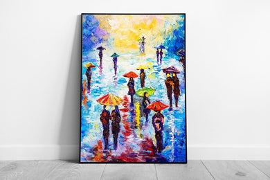 Abstract Colourful Rainy Night People Sheltering Under Umbrellas Wall Art Print on Paper Framed Picture print